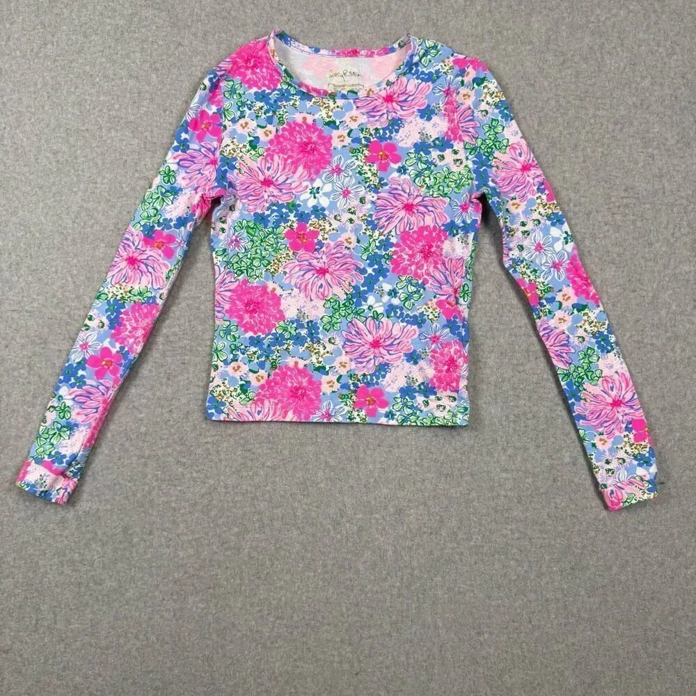 Lilly Pulitzer Girls Size 14 Floral Print Long Sleeve Tee T Shirt Pink Blue